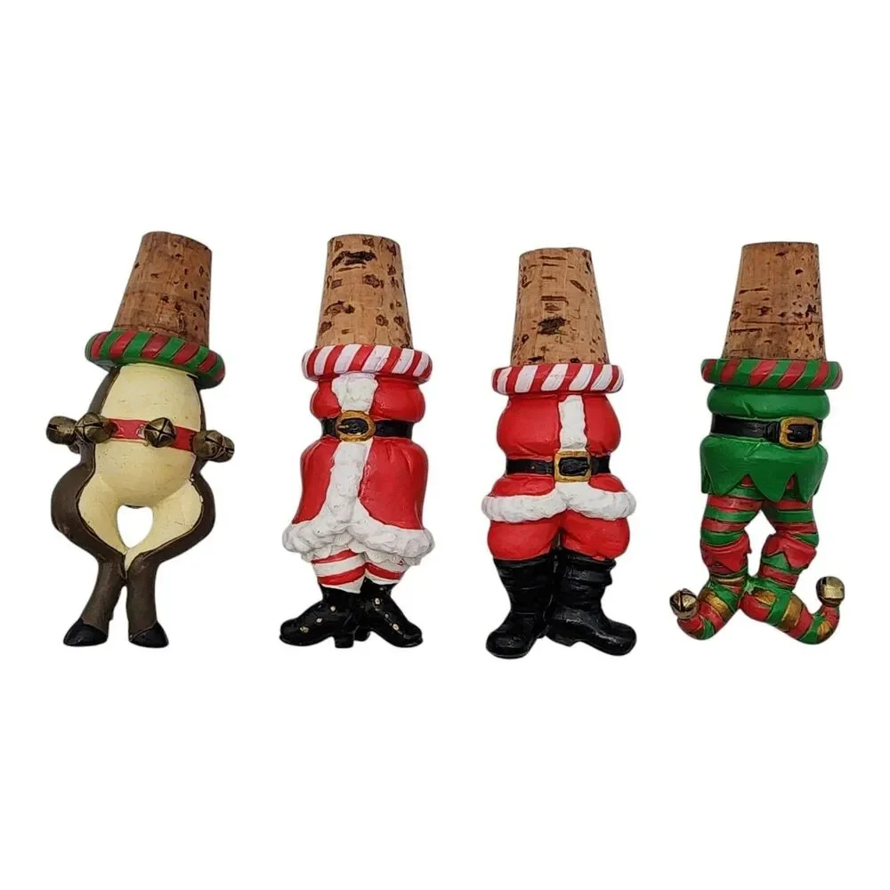 Set of 4 Boston Warehouse Cork Bottle Stoppers Christmas Holiday Santa Elf